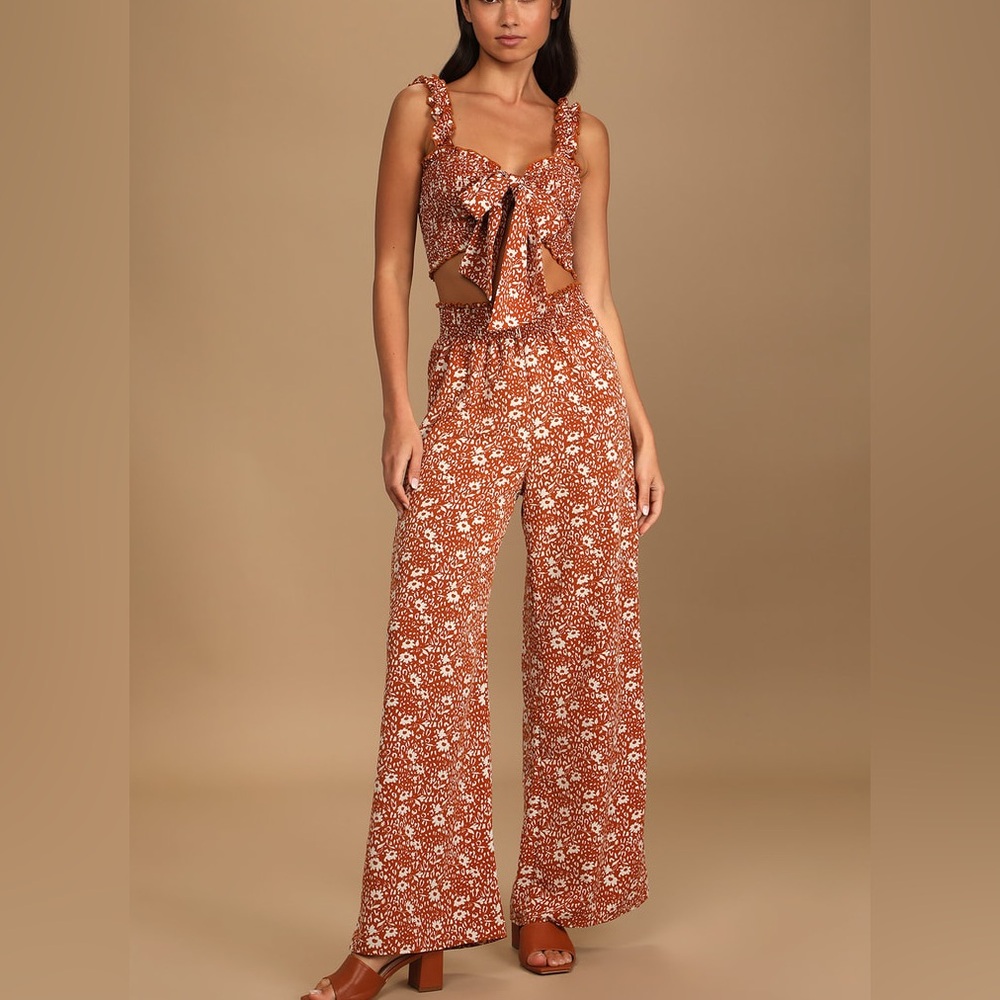 Two piece palazzo pant and smocked top outfit complete with belt/sash